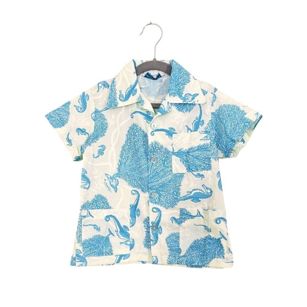 Bahama Hand Prints Boys Button Up Shirt Blue Seahorses Pockets Made In Bahamas